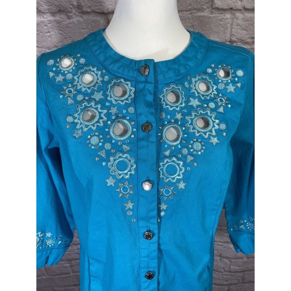 Bob Mackie Cut Out Jacket Womens Small Turquoise Blue Silver Wearable Art 9428 - Picture 2 of 10
